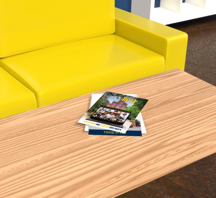 Rendering of a yellow couch with a coffee table which has copies of 澳门太阳首页网址's magazine "The Bulletin" on it